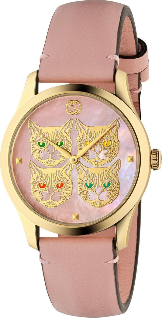  Shop Authentic Gucci G Timeless Quartz Mother of Pearl Dial Pink Leather Strap Watch For Women -  YA1264132 - Luxxuri