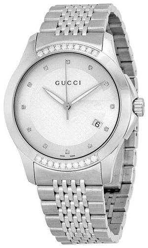  Shop Authentic Gucci G Timeless Diamonds Silver Dial Silver Steel Strap Watch For Men - YA126407 - Luxxuri