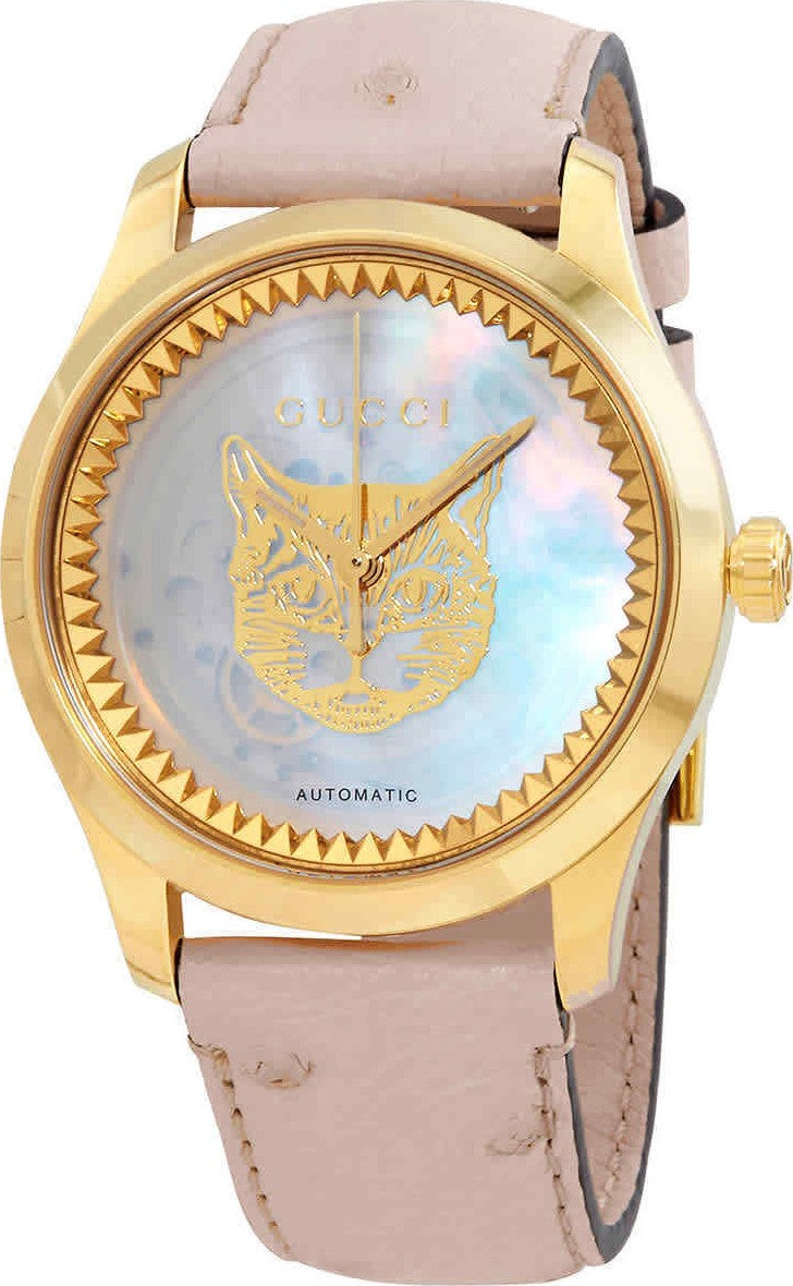  Shop Authentic Gucci G Timeless Skeleton 16K Gold Mother of Pearl Dial Pink Leather Strap Watch For Women - YA1264110 - Luxxuri