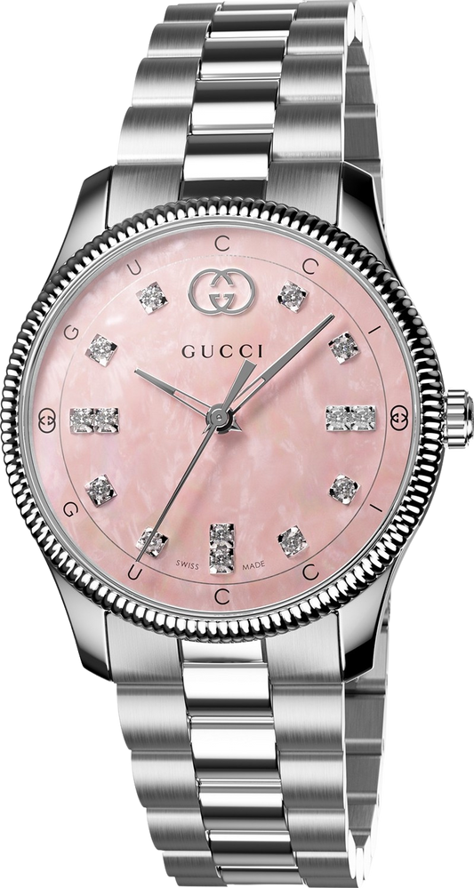  Shop Authentic Gucci G Timeless Diamonds Mother of Pearl Pink Dial Silver Steel Strap Watch for Women - YA1265062 - Luxxuri