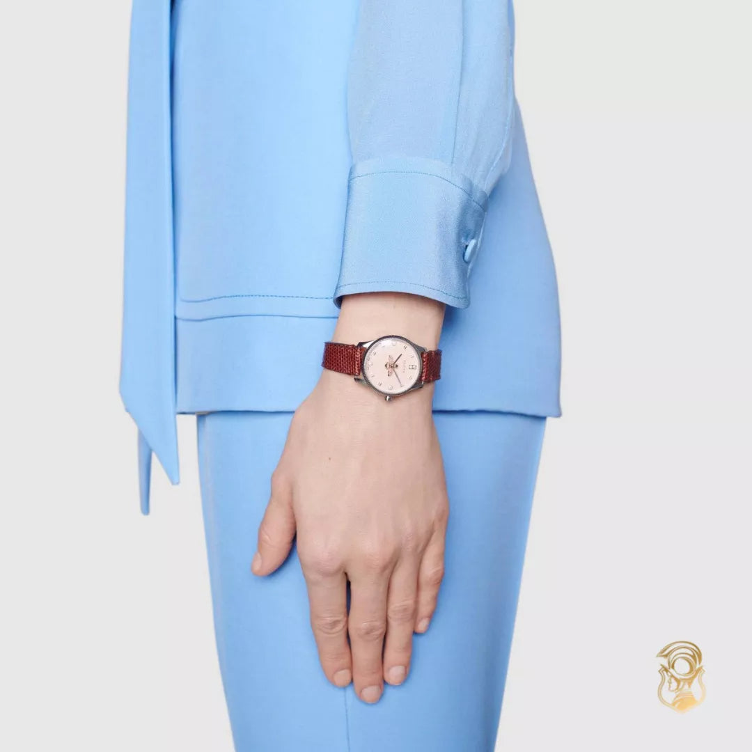  Shop Authentic Gucci G Timeless Quartz Diamonds Pink Dial Red Leather Strap Watch For Women - YA1265017 - Luxxuri