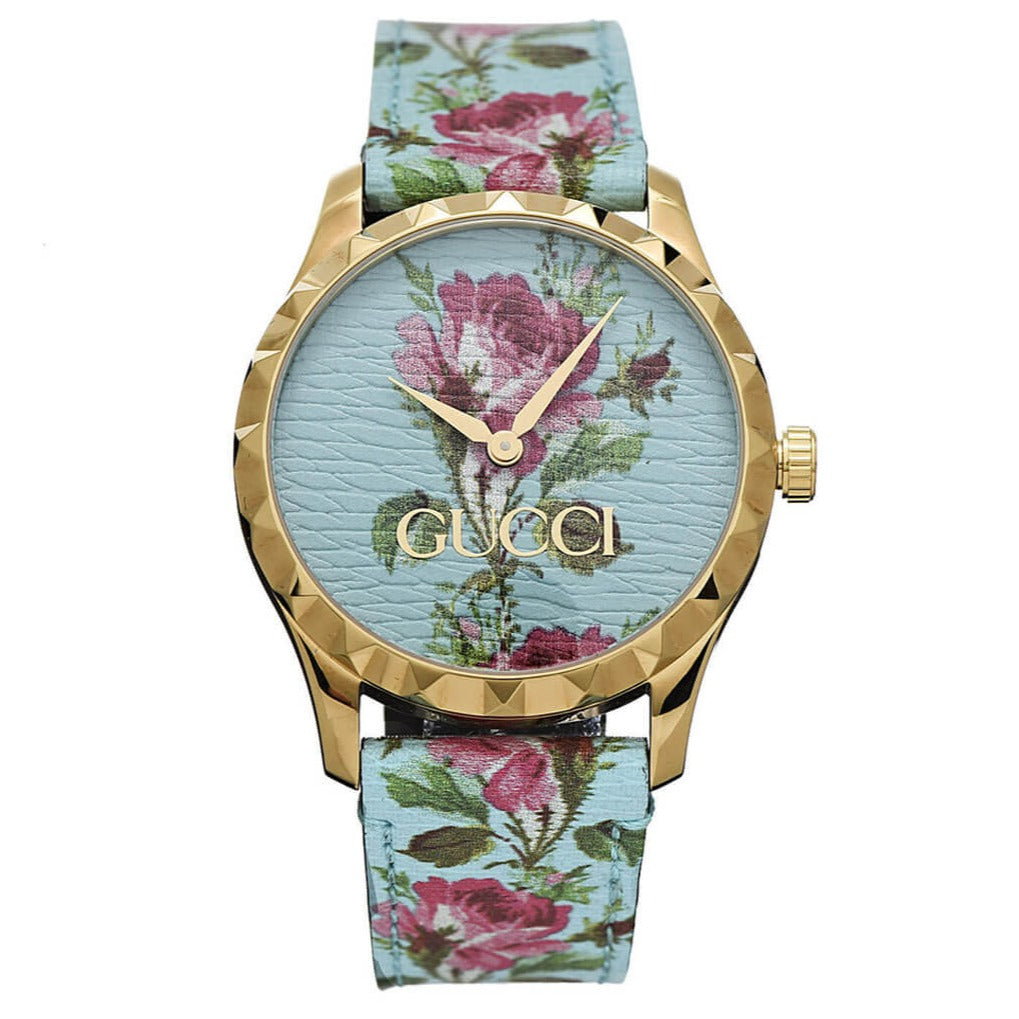  Shop Authentic Gucci G Timeless Floral Turquoise Dial Turquoise Leather Strap Watch For Women - YA1264085 - Luxxuri