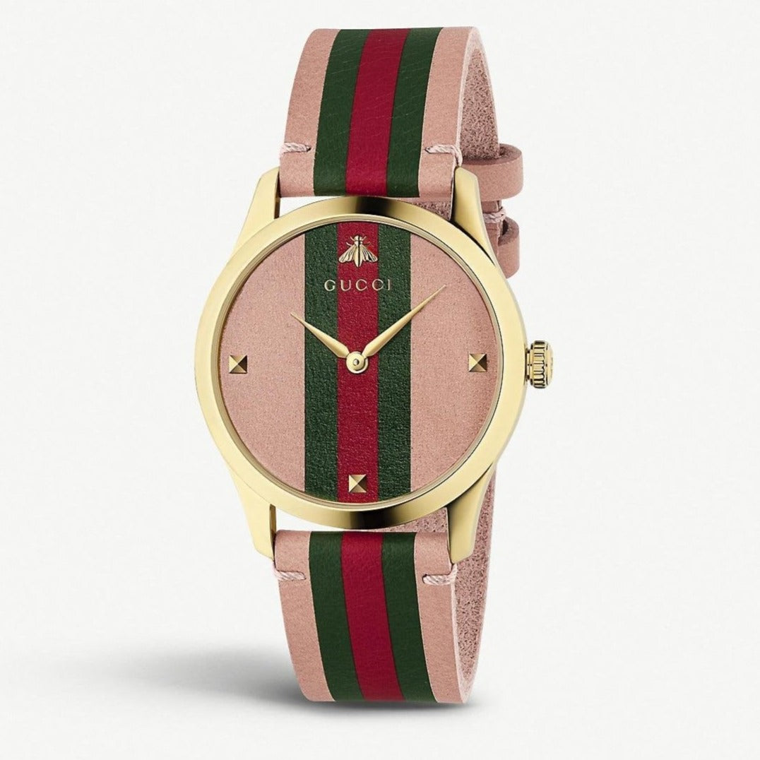  Shop Authentic Gucci G Timeless Quartz Pink Dial Three Tone Leather Strap Watch For Women - YA1264118 - Luxxuri