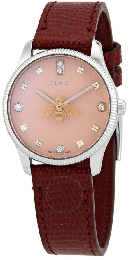  Shop Authentic Gucci G Timeless Quartz Diamonds Pink Dial Red Leather Strap Watch For Women - YA1265017 - Luxxuri