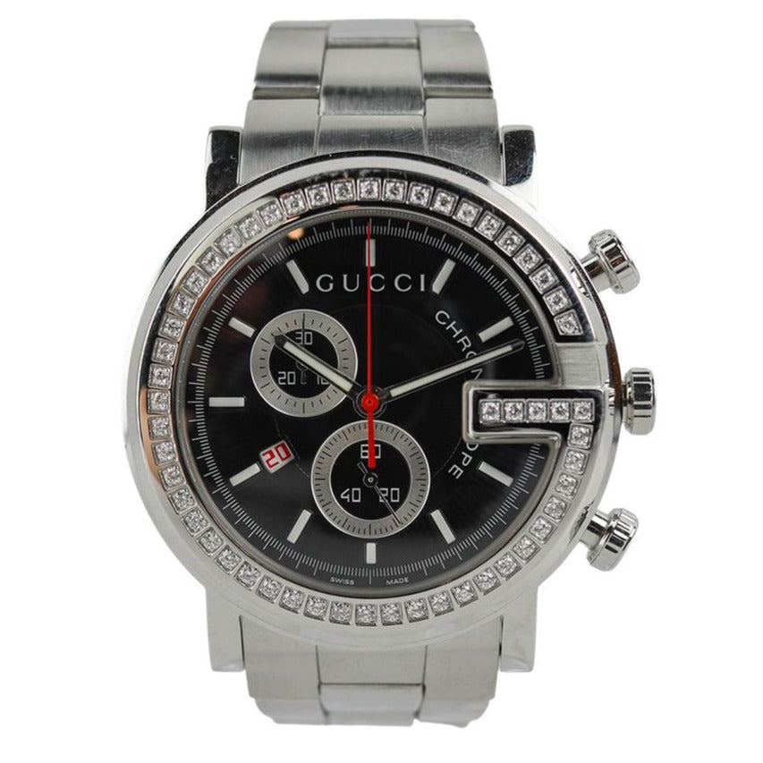  Shop Authentic Gucci G Chrono Diamonds Black Dial Silver Steel Strap Watch For Men - YA101324 - Luxxuri