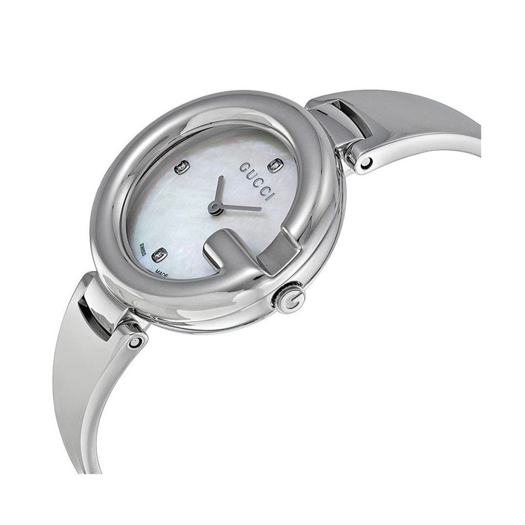 Shop Authentic Gucci Guccissima Diamonds Mother of Pearl Dial Silver Steel Strap Watch For Women - YA134303 - Luxxuri