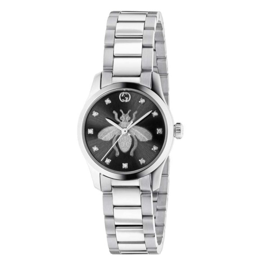  Shop Authentic Gucci G Timeless Quartz Diamonds Black Dial Silver Steel Strap Watch For Women - YA1265024 - Luxxuri