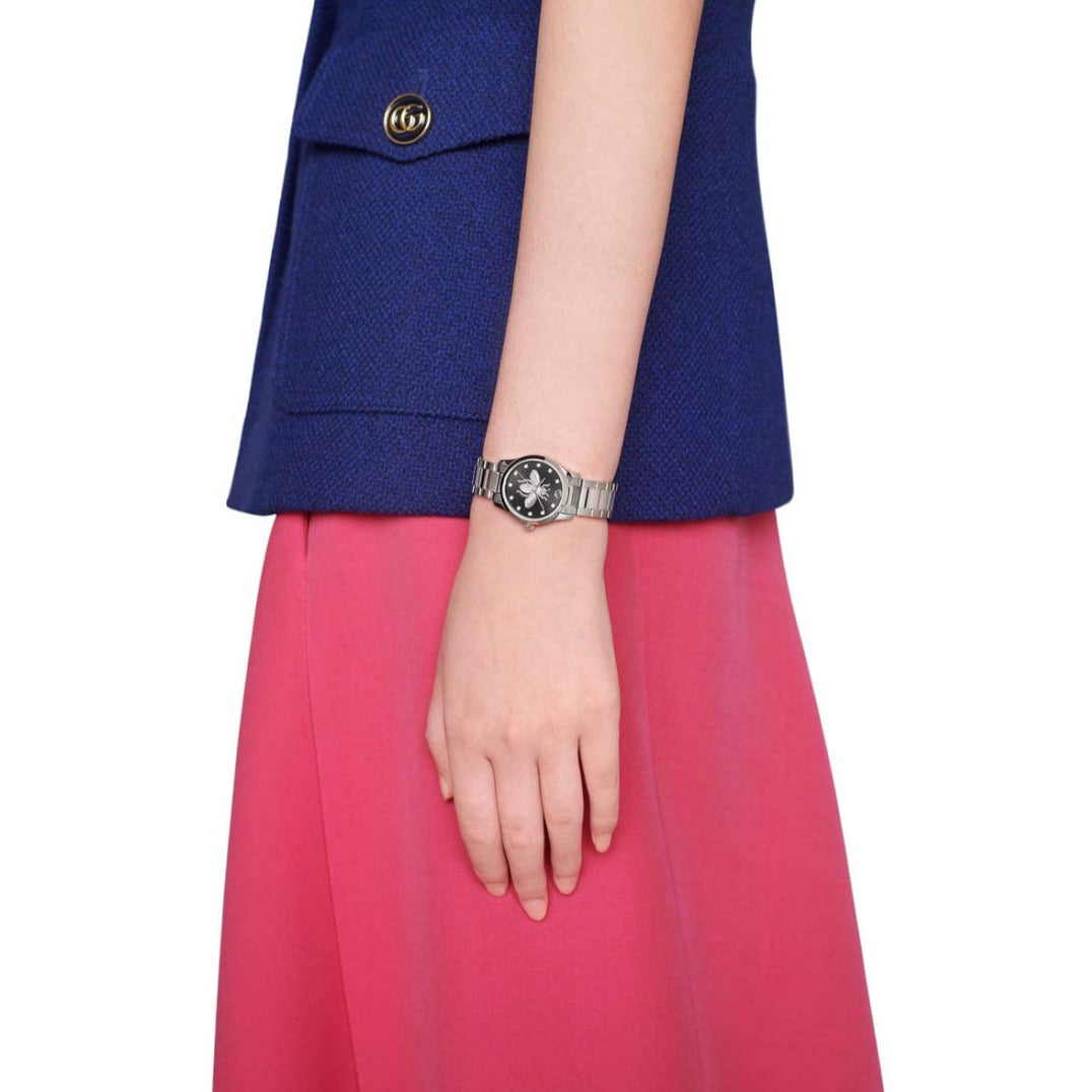  Shop Authentic Gucci G Timeless Quartz Diamonds Black Dial Silver Steel Strap Watch For Women - YA1265024 - Luxxuri