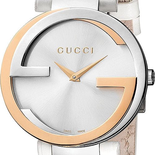  Shop Authentic Gucci Interlocking 18K Gold Silver Dial White Leather Strap Watch For Women - YA133303 - Luxxuri