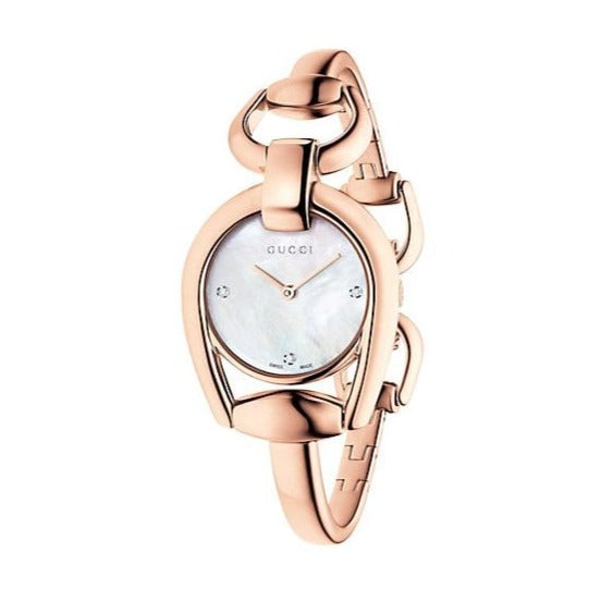  Shop Authentic Gucci Horsebit Collection Diamonds Mother of Pearl Dial Rose Gold Steel Strap Watch For Women - YA139508 - Luxxuri
