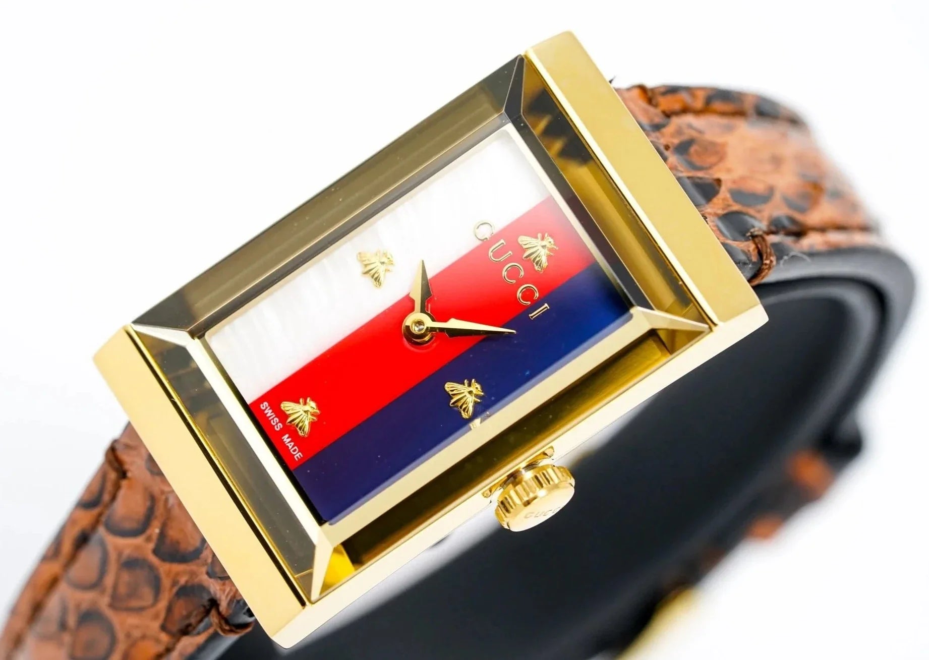  Shop Authentic Gucci G-Frame Mother of Pearl Dial Brown Leather Snakeskin Strap Watch For Women - YA147402 - Luxxuri