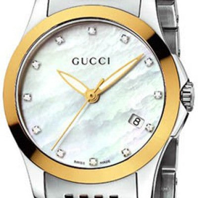  Shop Authentic Gucci G Timeless Diamonds Mother of Pearl Dial Two Tone Mesh Bracelet Watch for Women - YA126513 - Luxxuri