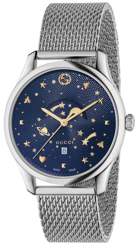  Shop Authentic Gucci G-Timeless Motifs Moon Phase Blue Dial Silver Mesh Bracelet Watch For Men - YA126328 - Luxxuri