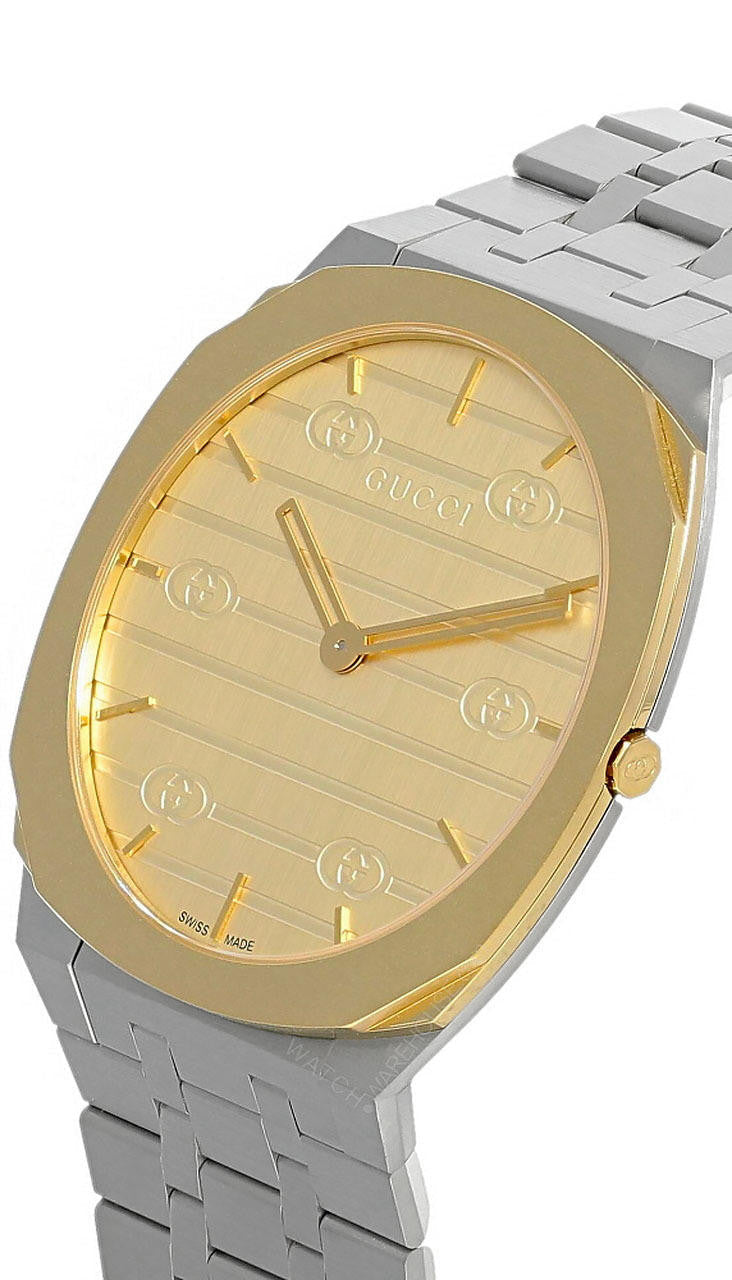  Shop Authentic Gucci 25H Quartz Gold Dial Silver Steel Strap Watch for Men - YA163405 - Luxxuri