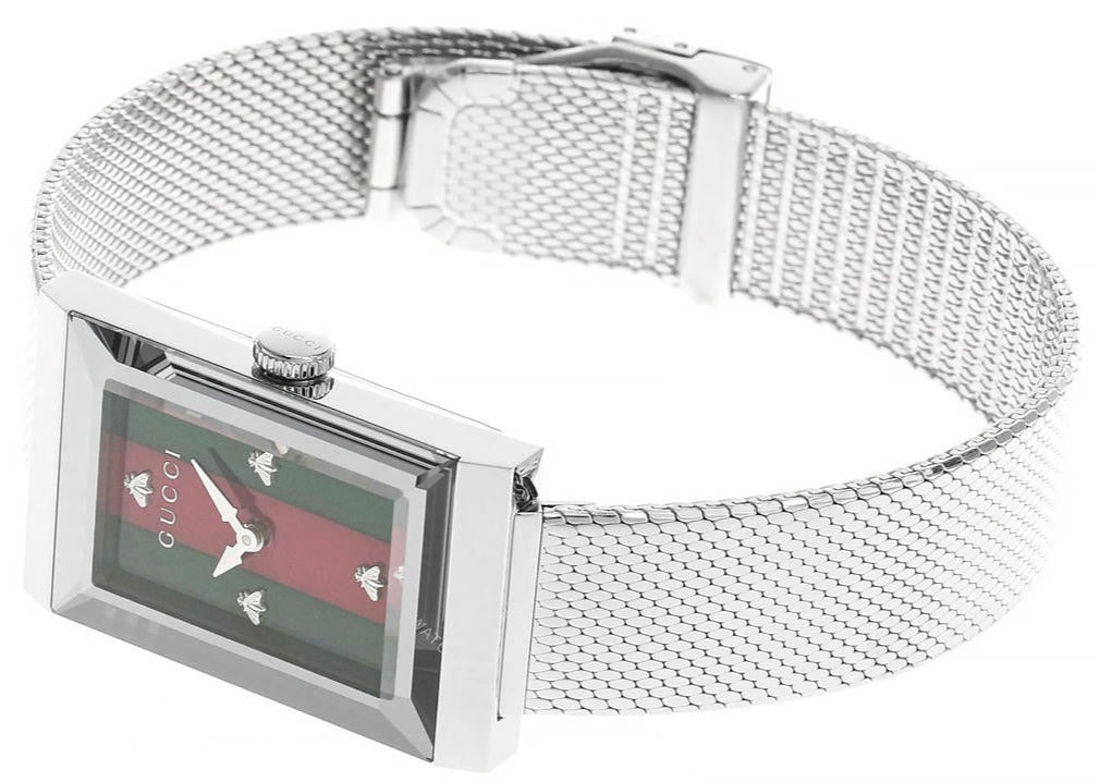  Shop Authentic Gucci G Frame Red and Green Dial Silver Mesh Bracelet Watch For Women - YA147401 - Luxxuri