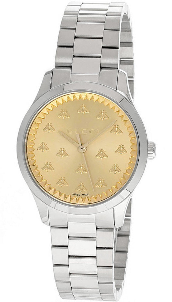  Shop Authentic Gucci G Timeless Quartz Gold Dial Silver Steel Strap Watch for Women - YA1265035 - Luxxuri
