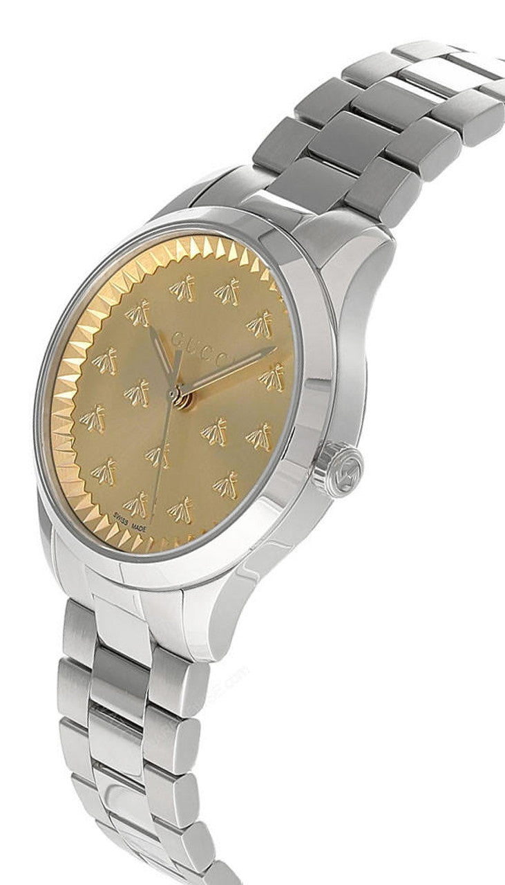  Shop Authentic Gucci G Timeless Quartz Gold Dial Silver Steel Strap Watch for Women - YA1265035 - Luxxuri