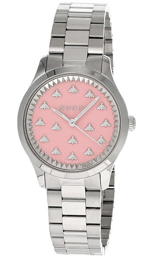  Shop Authentic Gucci G Timeless Quartz Pink Dial Silver Steel Strap Watch for Women - YA1265033 - Luxxuri