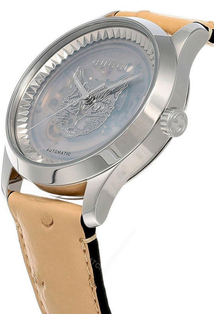 Gucci G Timeless Automatic Mother of Pearl Dial Brown Leather Strap Watch For Women - YA1264112