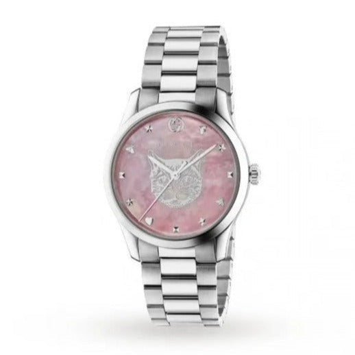  Shop Authentic Gucci G Timeless Quartz Mother of Pearl Pink Dial Silver Steel Strap Watch for Women - YA1264166 - Luxxuri