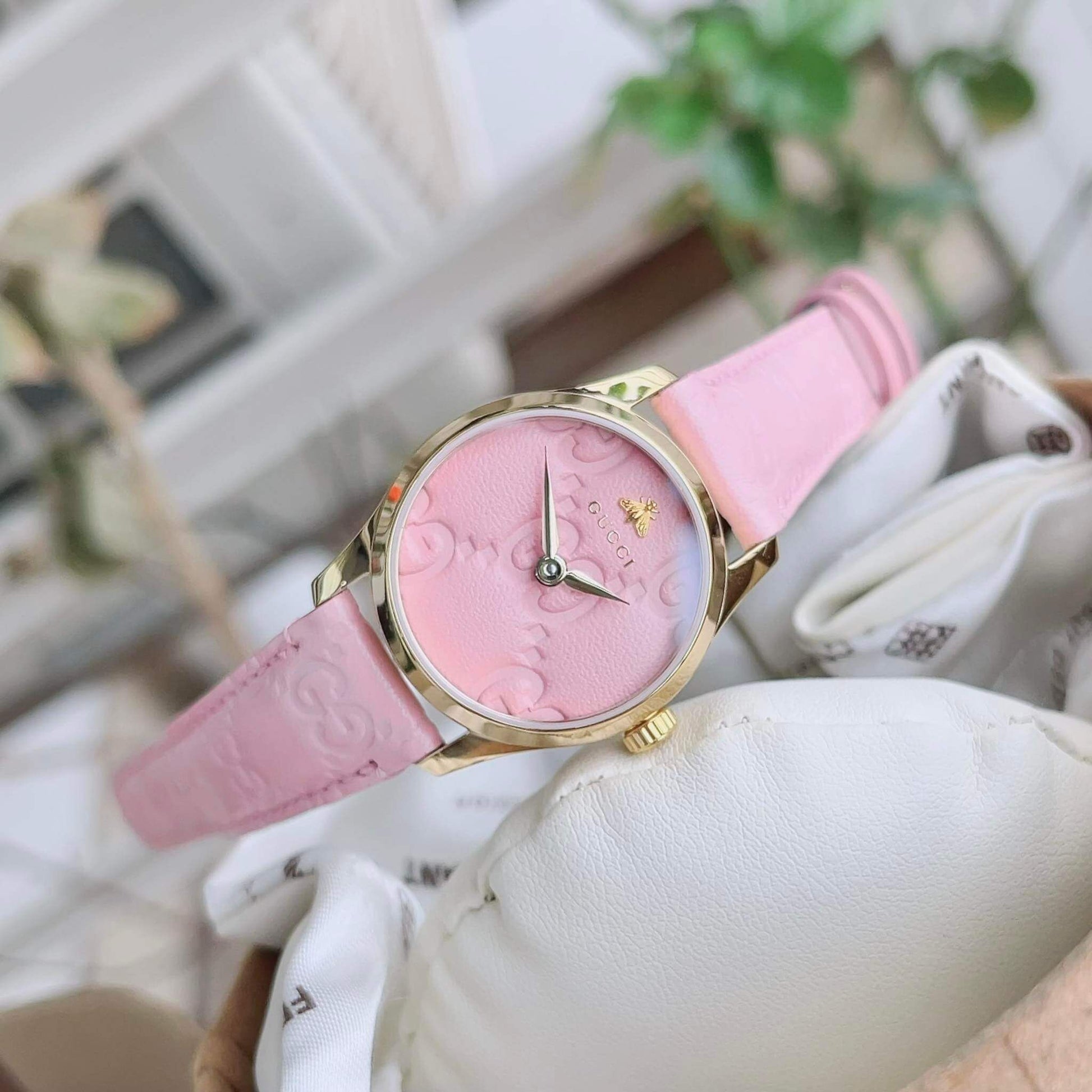  Shop Authentic Gucci G Timeless Quartz Pink Dial Pink Leather Strap Watch For Women - YA1265005 - Luxxuri