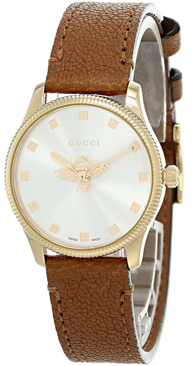  Shop Authentic Gucci G Timeless Quartz Silver Dial Brown Leather Strap Watch For Women - YA1265022 - Luxxuri