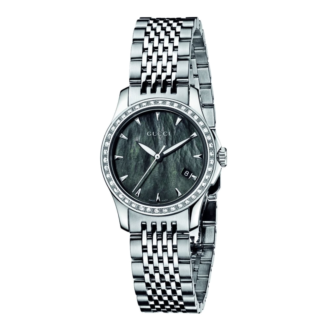  Shop Authentic Gucci G Timeless Diamonds Mother of Pearl Black Dial Silver Mesh Bracelet Watch For Women - YA126507 - Luxxuri