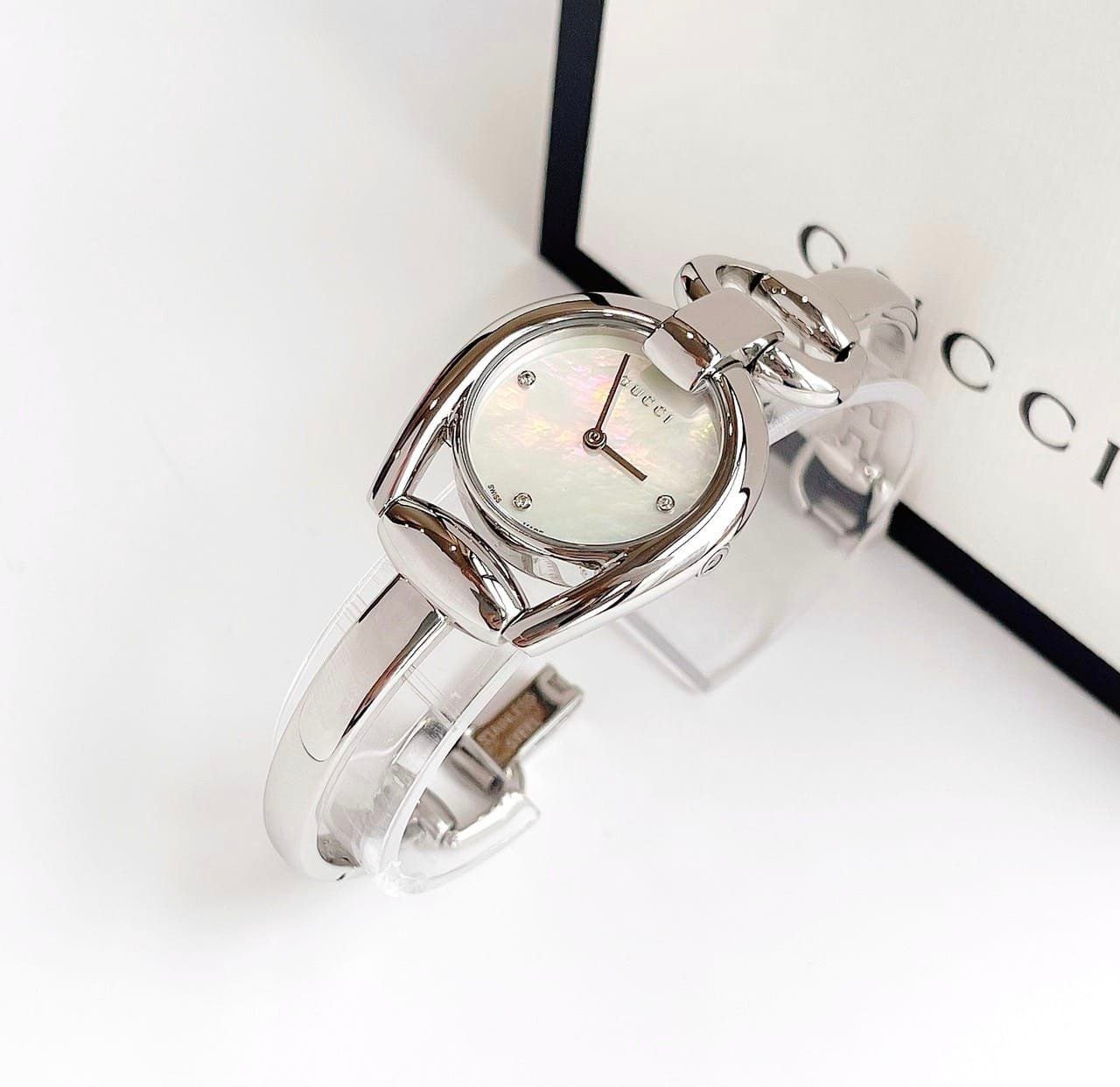  Shop Authentic Gucci Horsebit Collection Diamonds Mother of Pearl Dial Silver Steel Strap Watch For Women - YA139506 - Luxxuri
