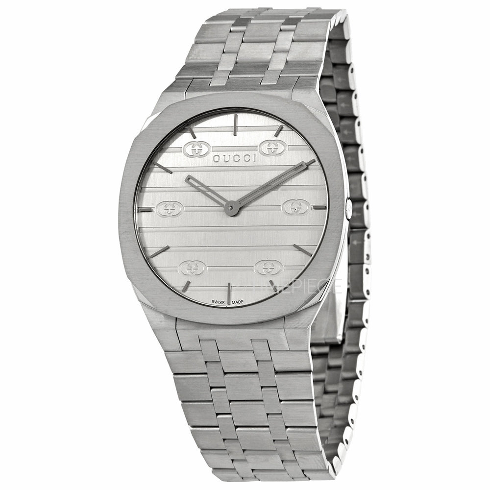  Shop Authentic Gucci 25H Quartz Silver Dial Silver Steel Strap Unisex Watch - YA163407 - Luxxuri