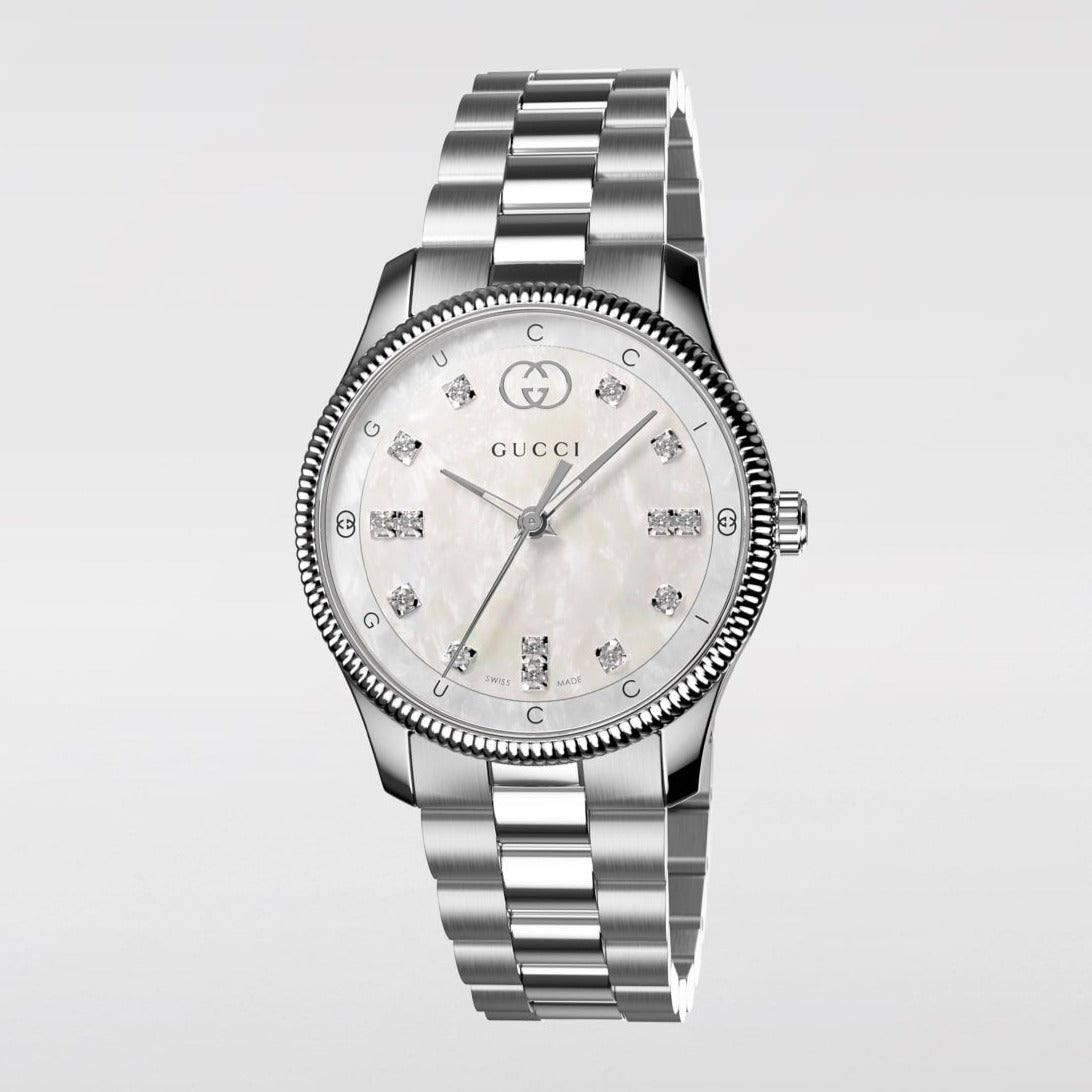  Shop Authentic Gucci G Timeless Diamonds White Dial Silver Steel Strap Watch for Women - YA1265064 - Luxxuri