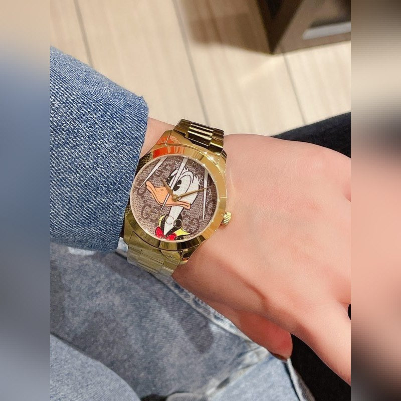  Shop Authentic Gucci G Timeless Disney Donald Duck Brown Dial Brown Leather Strap Watch For Women - YA1264167 - Luxxuri