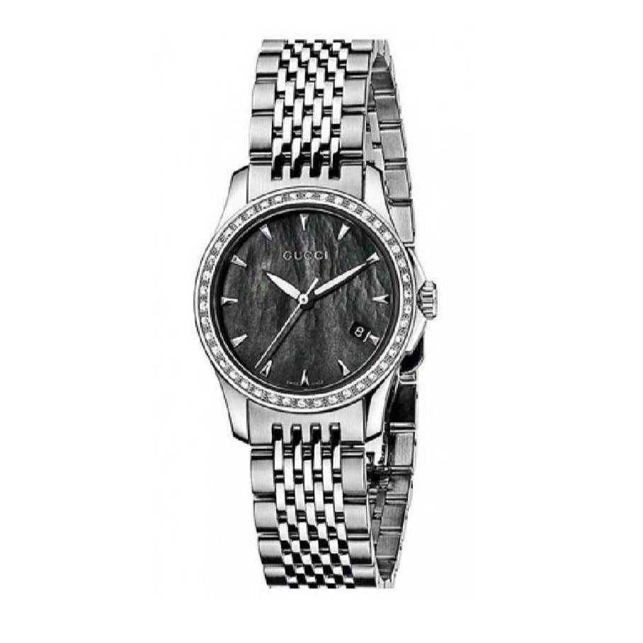  Shop Authentic Gucci G Timeless Diamonds Mother of Pearl Black Dial Silver Mesh Bracelet Watch For Women - YA126507 - Luxxuri