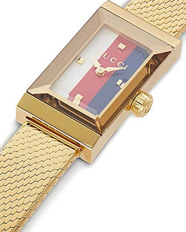  Shop Authentic Gucci G Frame Quartz Diamonds White Red Blue Dial Gold Mesh Bracelet Watch For Women - YA147511 - Luxxuri