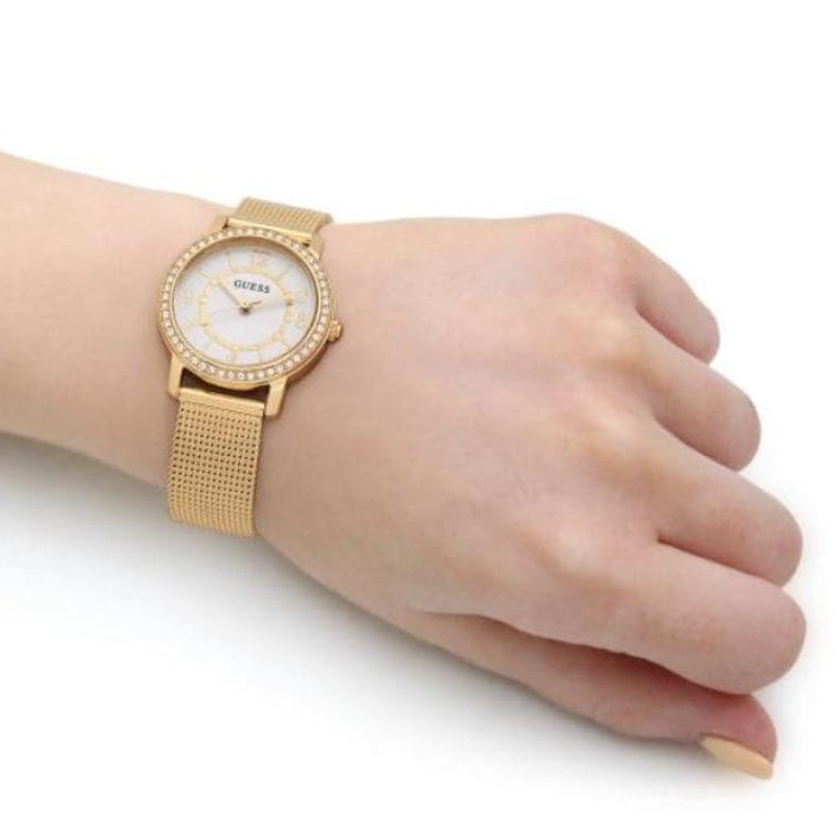 Guess Chelsea Crystals Mother of Pearl White Dial Gold Mesh Bracelet Watch For Women - W0647L7