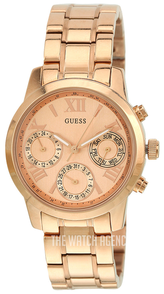  Shop Authentic Guess Mini Sunrise Chronograph Quartz Rose Gold Dial Rose Gold Steel Strap Watch For Women - W0448L3 - Luxxuri