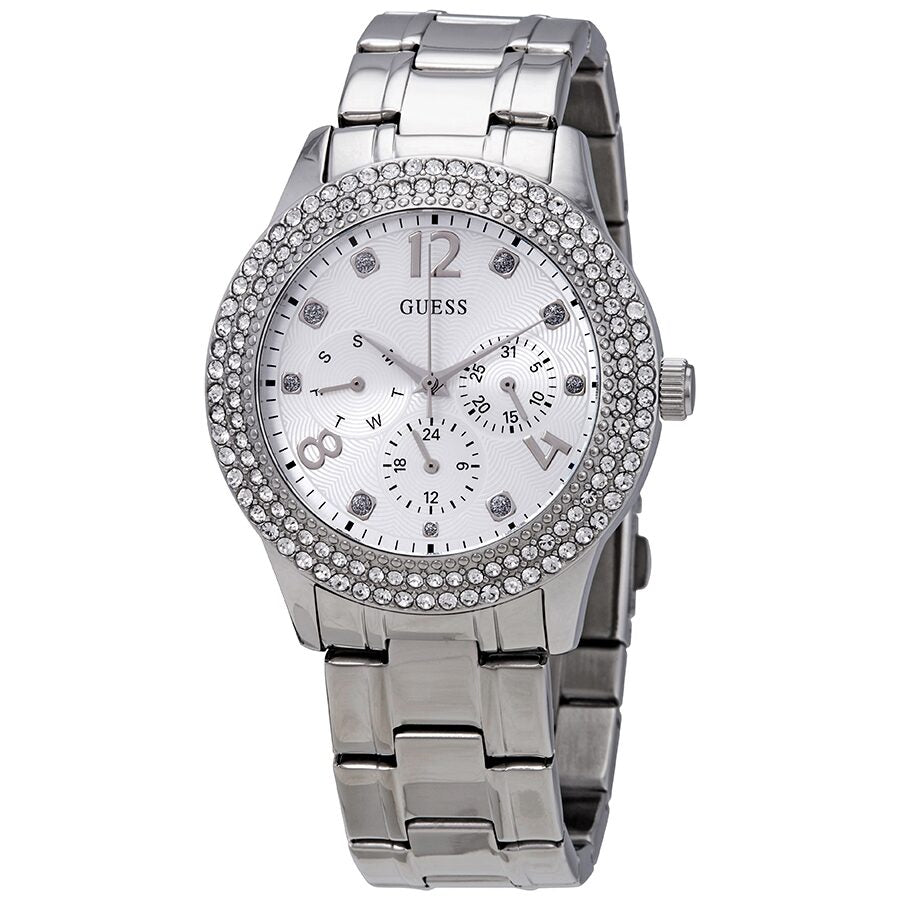  Shop Authentic Guess Bedazzle Diamonds Silver Dial Silver Steel Strap Watch For Women - W1097L1 - Luxxuri