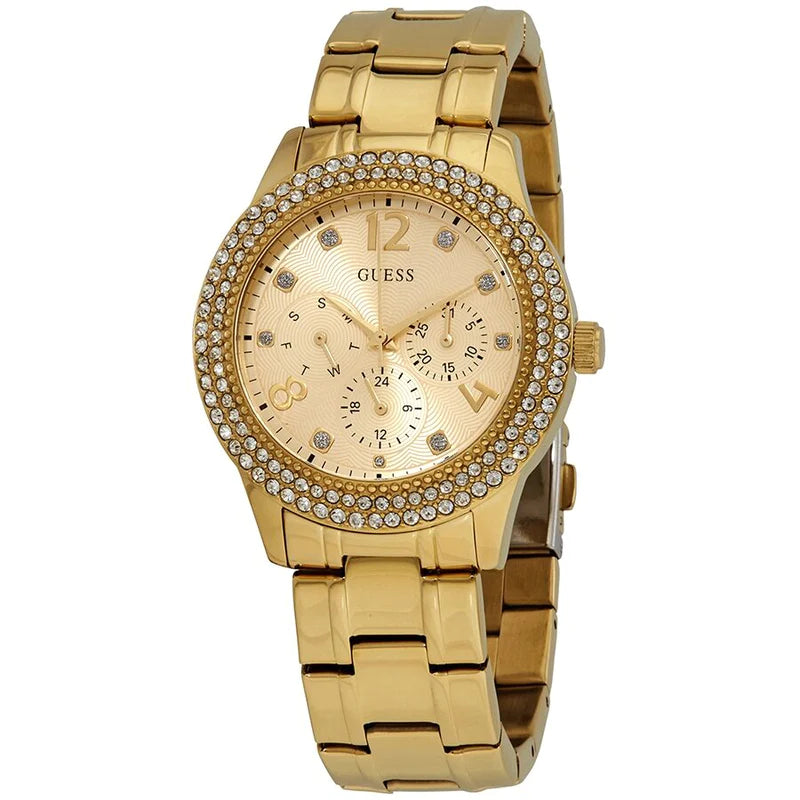  Shop Authentic Guess Bedazzle Diamonds Gold Dial Gold Steel Strap Watch For Women - W1097L2 - Luxxuri