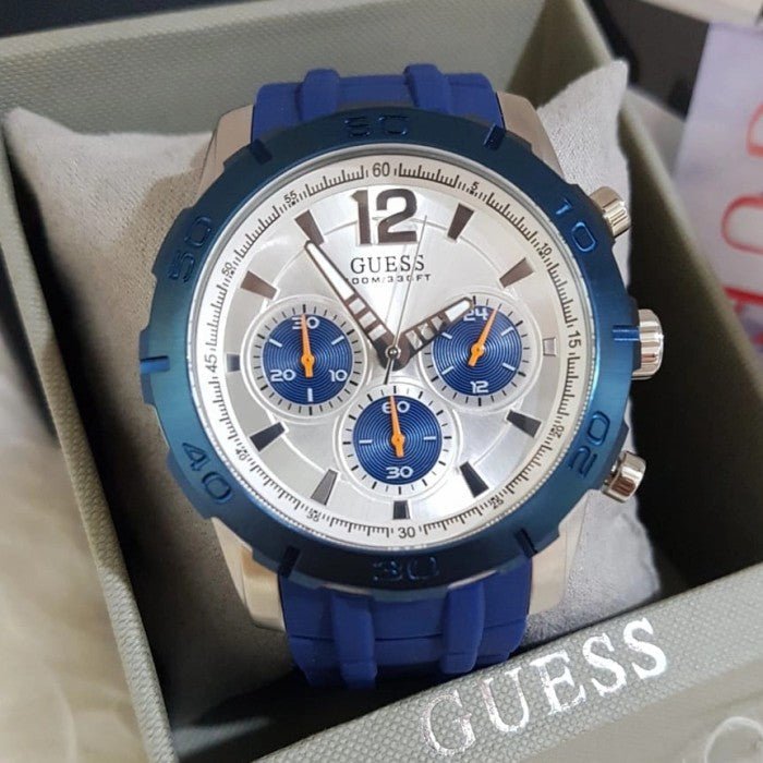  Shop Authentic Guess Caliber Chronograph White Dial Blue Rubber Strap Watch for Men - W0864G6 - Luxxuri