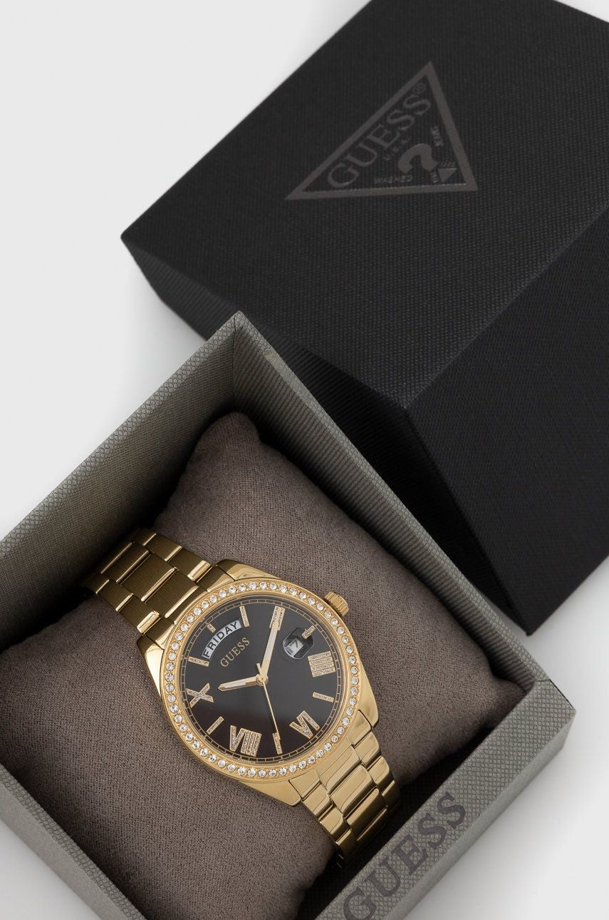 Guess Luna Diamonds Black Dial Gold Steel Strap Watch for Women - GW0307L2