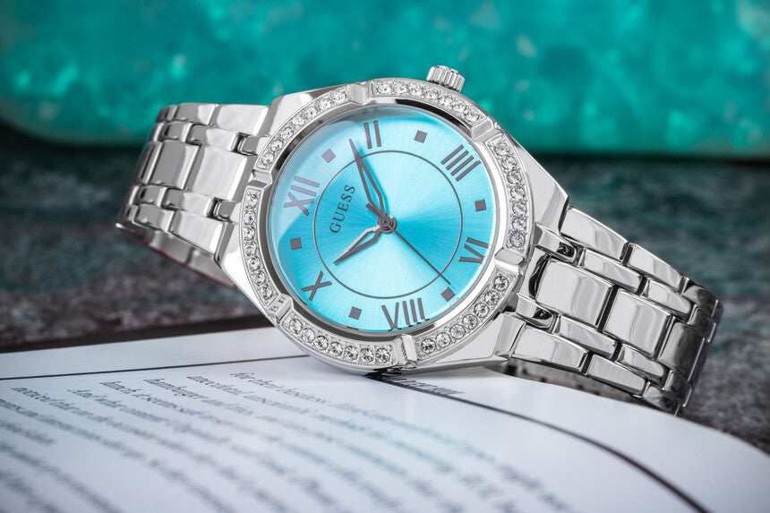  Shop Authentic Guess Cosmo Diamonds Turquoise Dial Silver Steel Strap Watch for Women - GW0033L7 - Luxxuri