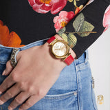  Shop Authentic Guess Trend Dragon Gold Dial Red Leather Strap Watch For Women - GW0646L1 - Luxxuri