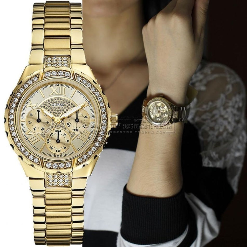  Shop Authentic Guess Viva Diamonds Gold Dial Gold Steel Strap Watch for Women - W0111L2 - Luxxuri