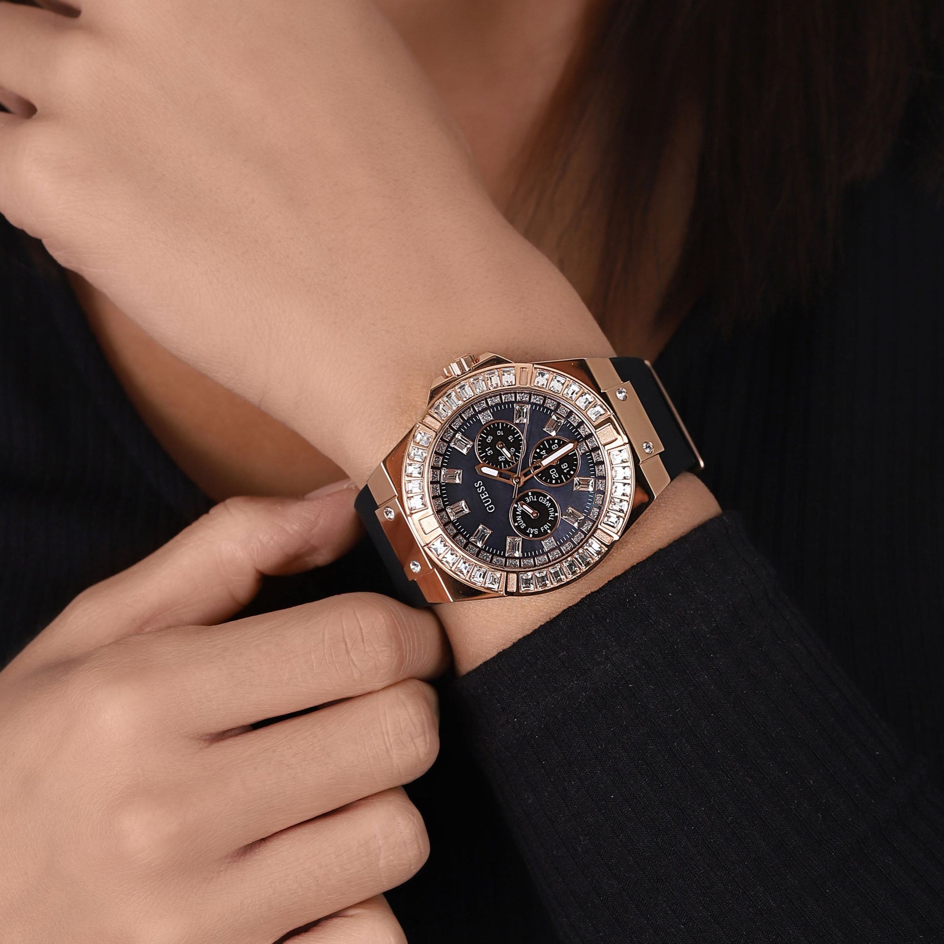  Shop Authentic Guess Venus Diamonds Black Dial Black Rubber Strap Watch for Women - GW0118L2 - Luxxuri