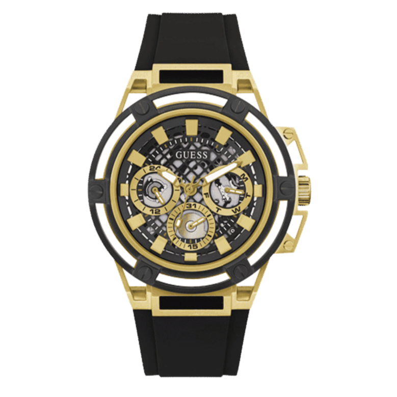  Shop Authentic Guess Matrix Multifunction Gold Dial Black Rubber Strap Watch For Men - GW0423G2 - Luxxuri