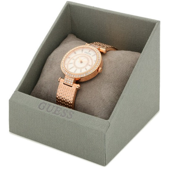 Guess Muse Quartz Silver Dial Rose Gold Steel Strap Watch For Women - W1008L3