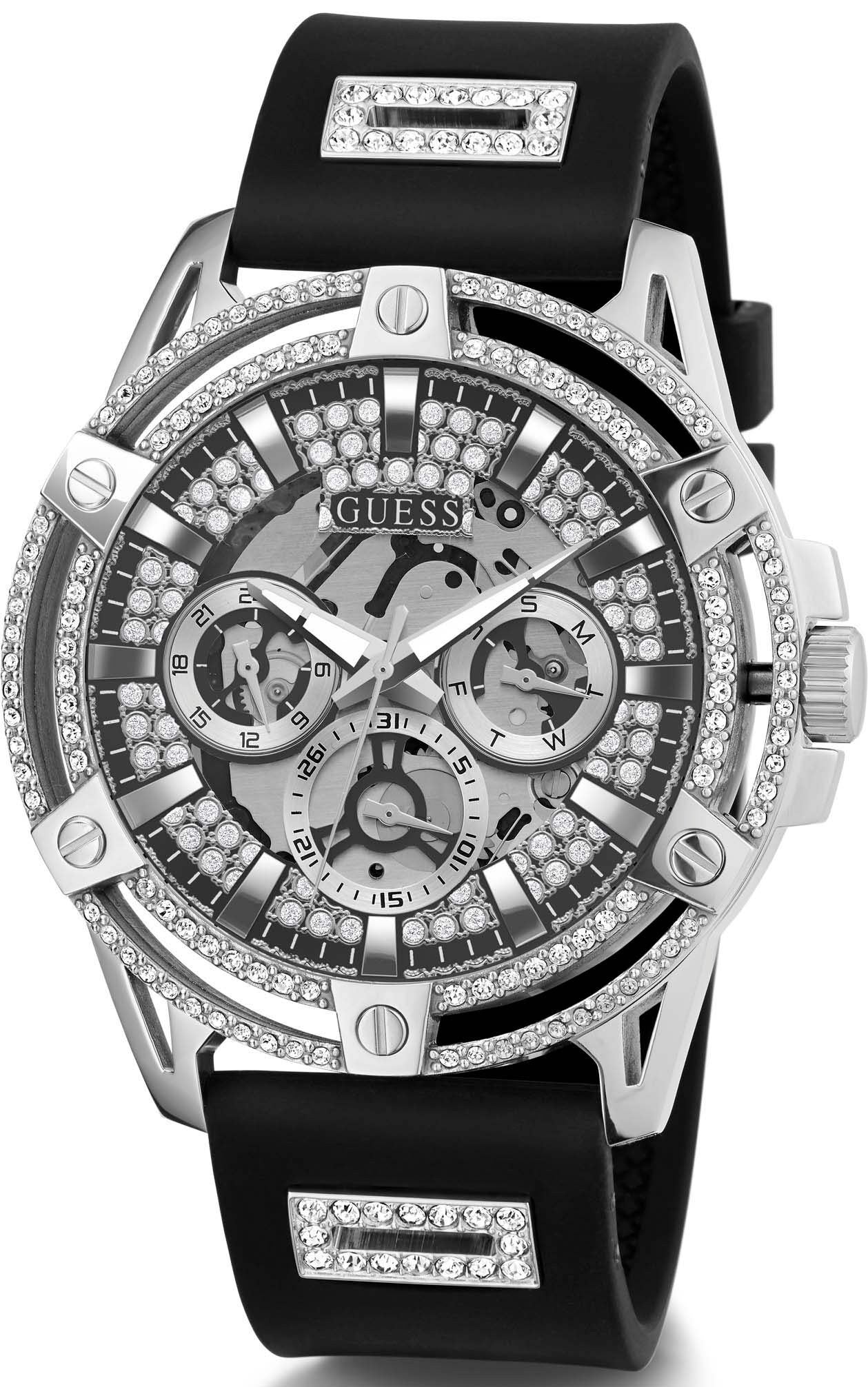  Shop Authentic Guess King Quartz Crystals Silver Dial Black Silicone Strap Watch For Men - GW0537G1 - Luxxuri