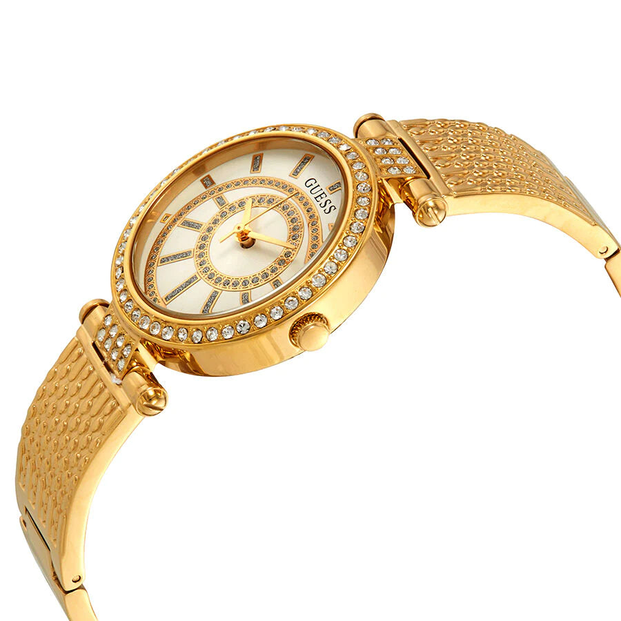 Guess Muse Crystals White Dial Rose Gold Steel Strap Watch For Women - W1008L2