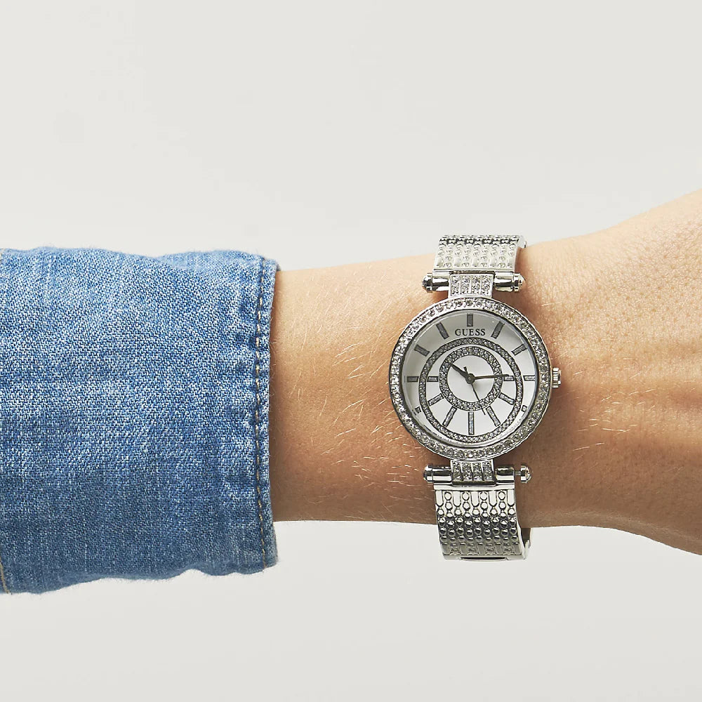  Shop Authentic Guess Muse Quartz White Dial Silver Steel Strap Watch For Women - W1008l1 - Luxxuri