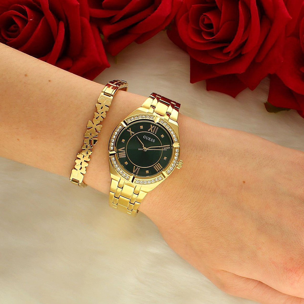  Shop Authentic Guess Cosmo Diamonds Green Dial Gold Steel Strap Watch for Women - GW0033L8 - Luxxuri