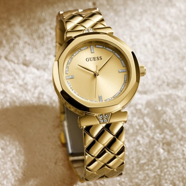  Shop Authentic Guess Rumour Quartz Gold Dial Gold Steel Strap Watch For Women - GW0613L2 - Luxxuri